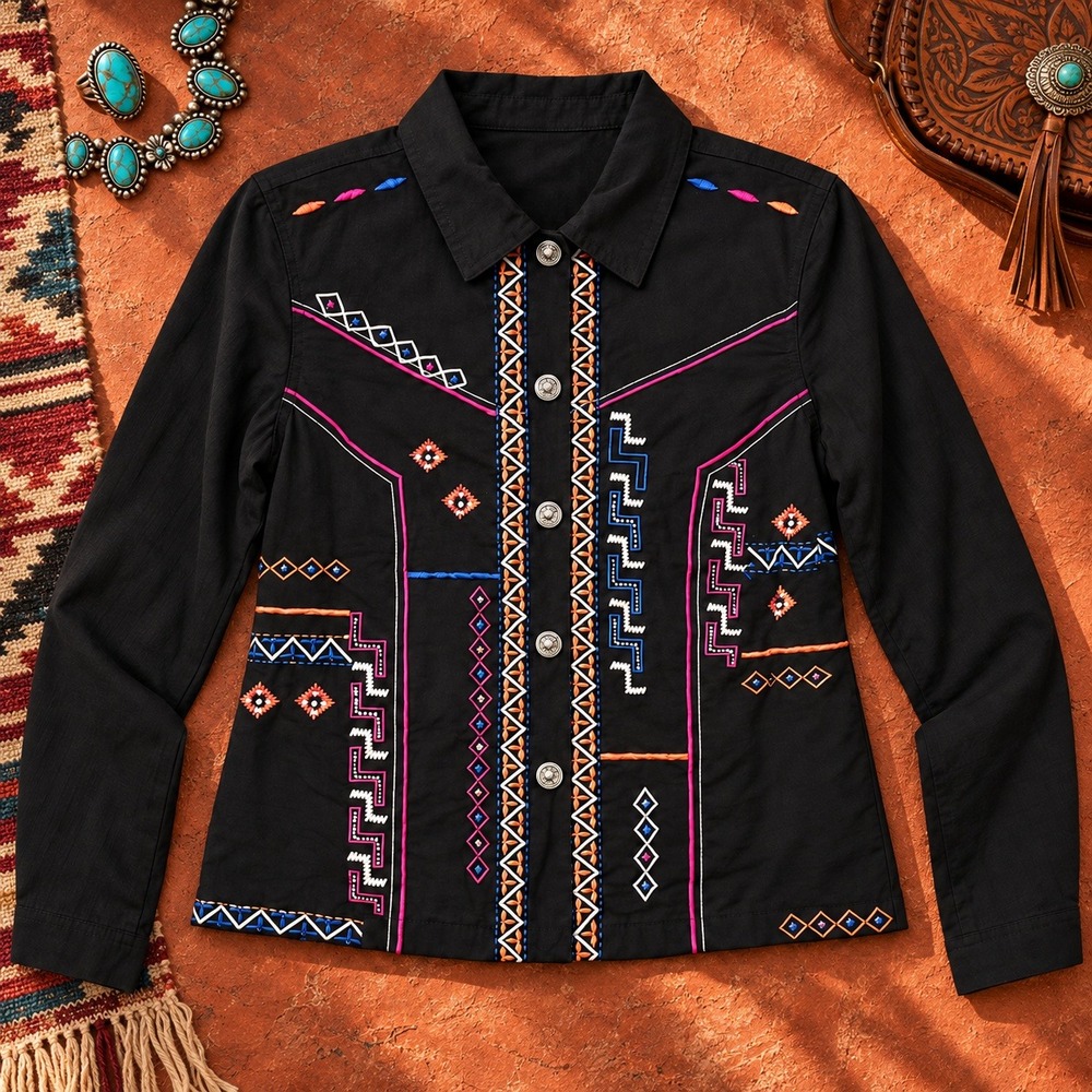 Choices Women's M Black Embroidered Southwestern Western Jacket Blazer